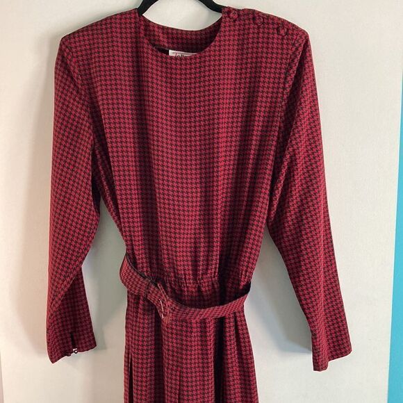 Talbots Womens 12 Vintage 1980’s Midi Houndstooth Check Red & Black Belted Dress - Picture 10 of 15